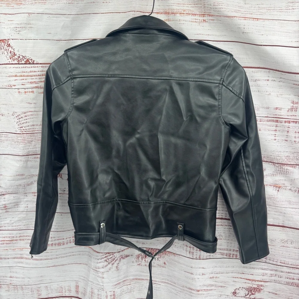 Straight to Hell Moto‎ Jacket Large Black Faux Leather Red Quilted Lined Belted